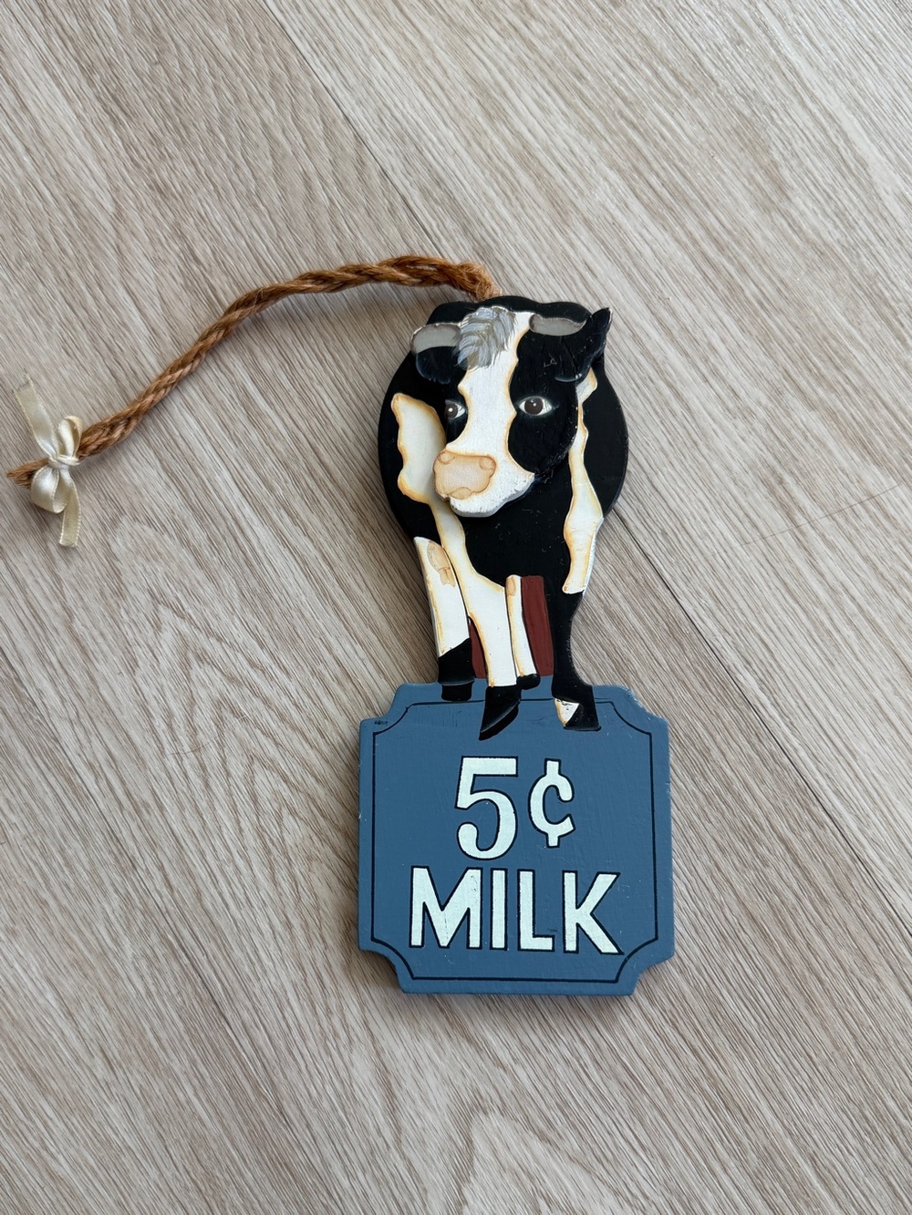 Vintage 5¢ Milk Cow Wooden Wall Hanging Blue Sign Farmhouse Kitchen Dairy Decor
